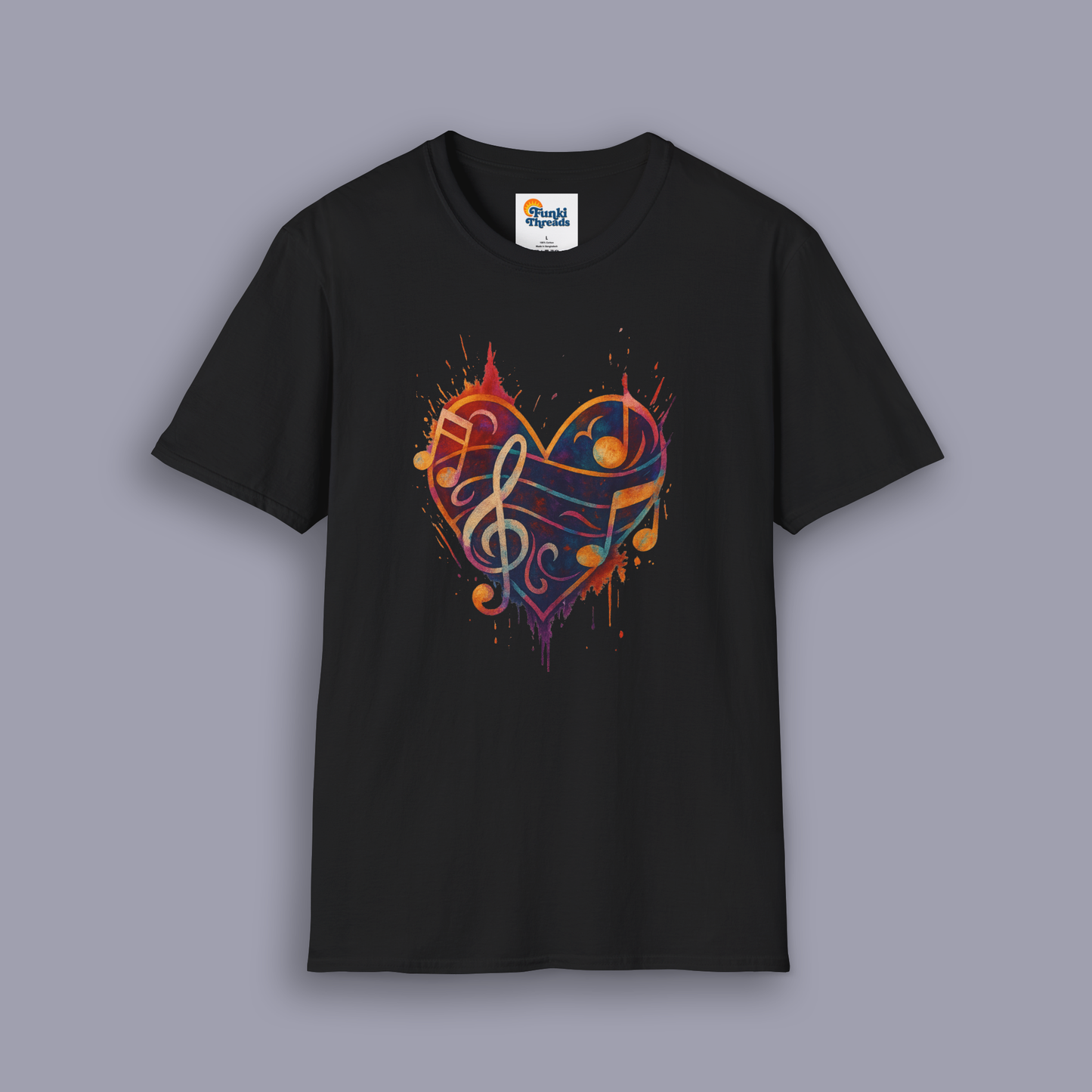 Colorburst Music Heart — Treble Clef & Notes Tee