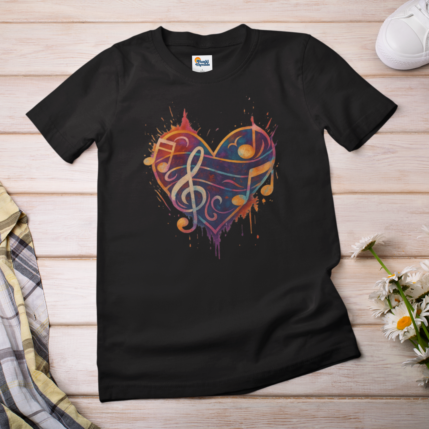 Colorburst Music Heart — Treble Clef & Notes Tee