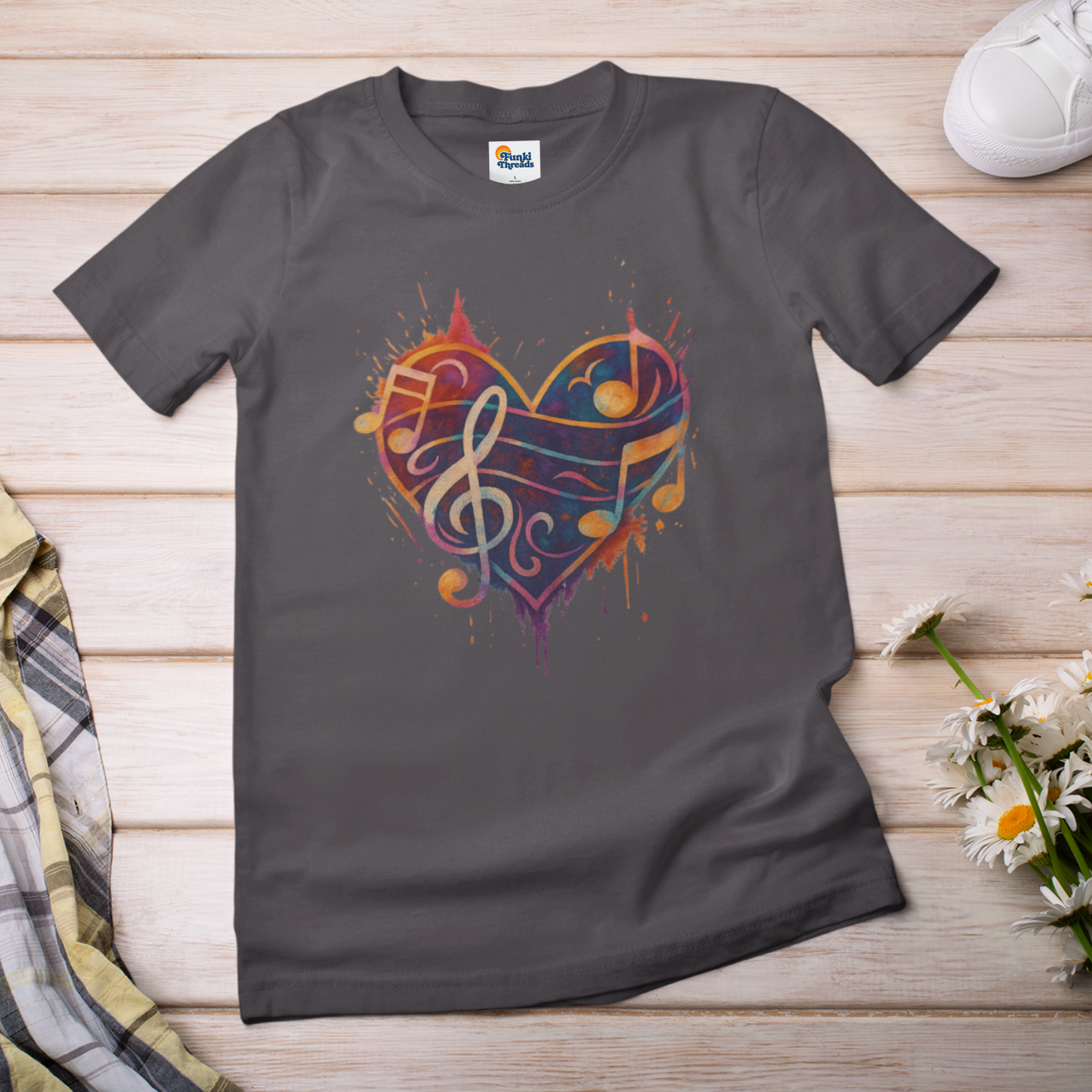 Colorburst Music Heart — Treble Clef & Notes Tee