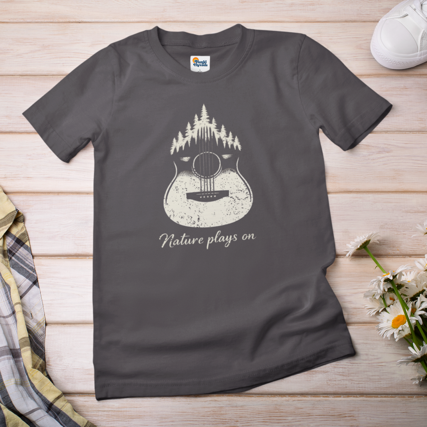 Nature Plays On Acoustic Guitar T-Shirt – Music & Nature Graphic Tee for Musicians