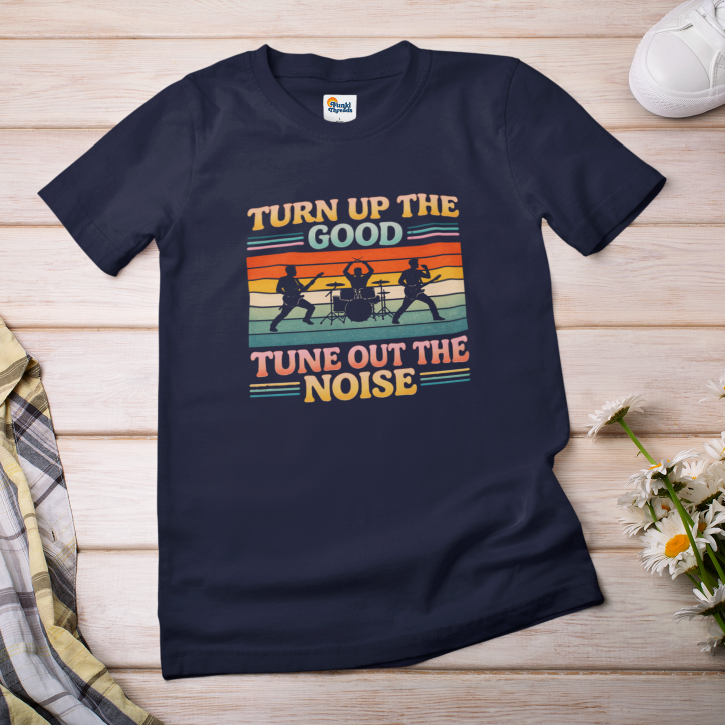 Turn Up the Good, Tune Out the Noise – Retro Rock Band Silhouette T-Shirt