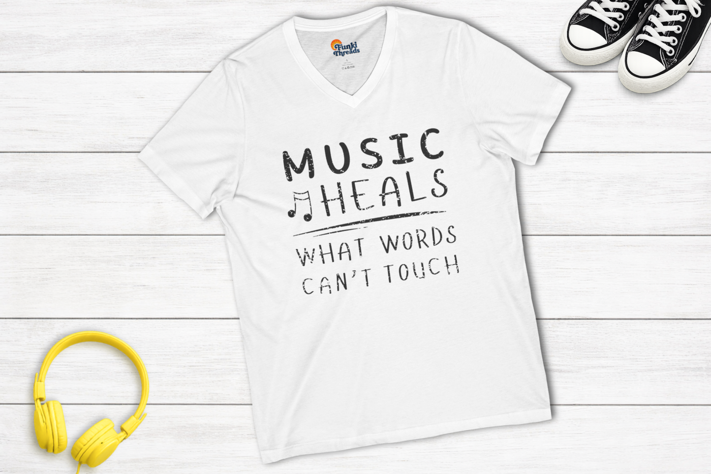 Music Heals What Words Can’t Touch V-Neck Shirt | Music Lover Graphic Tee