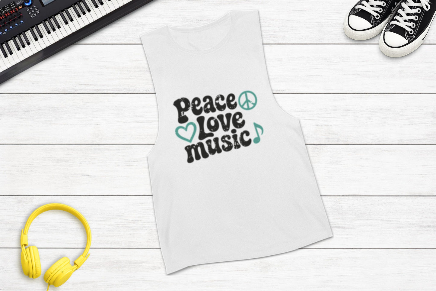 Peace, Love, Music Sleeveless Tank in White