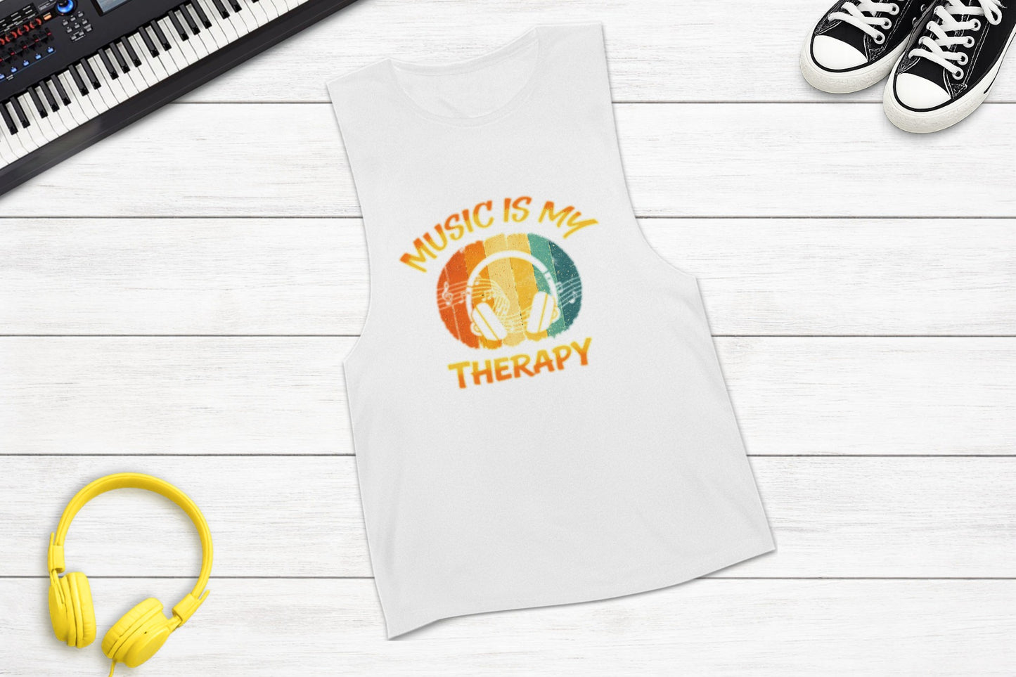 Music Is My Therapy Retro Sunset sleeveless music tank in white