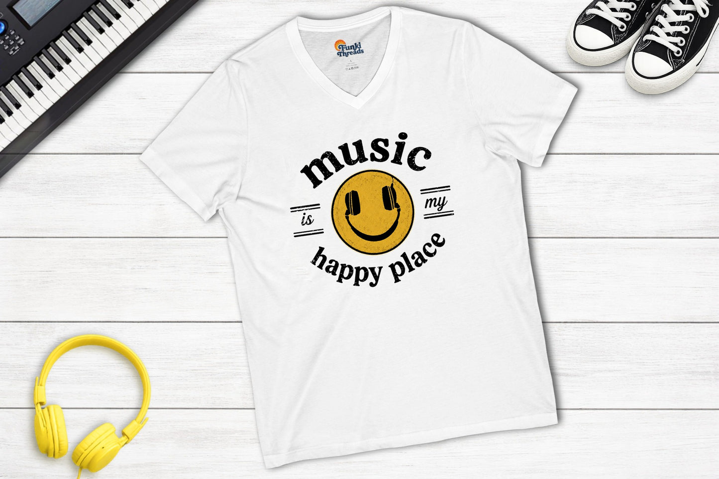 Music Is My Happy Place V-neck music tee in white
