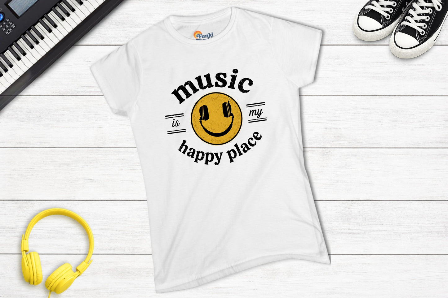 Music Is My Happy Place women's fitted music tee