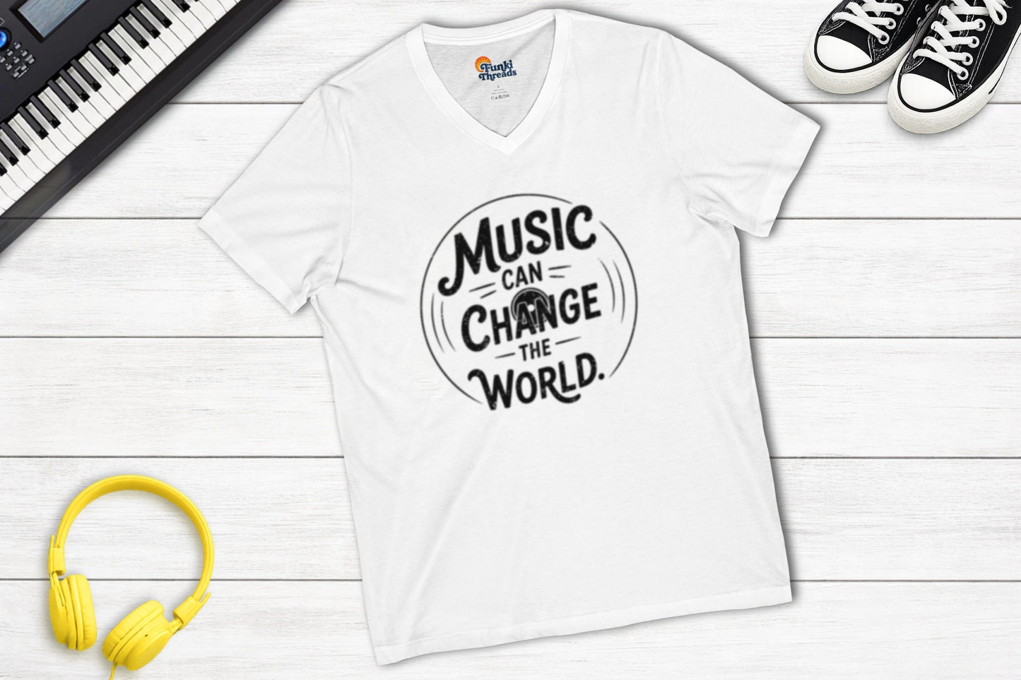 Music Can Change The World V-neck music tee in white