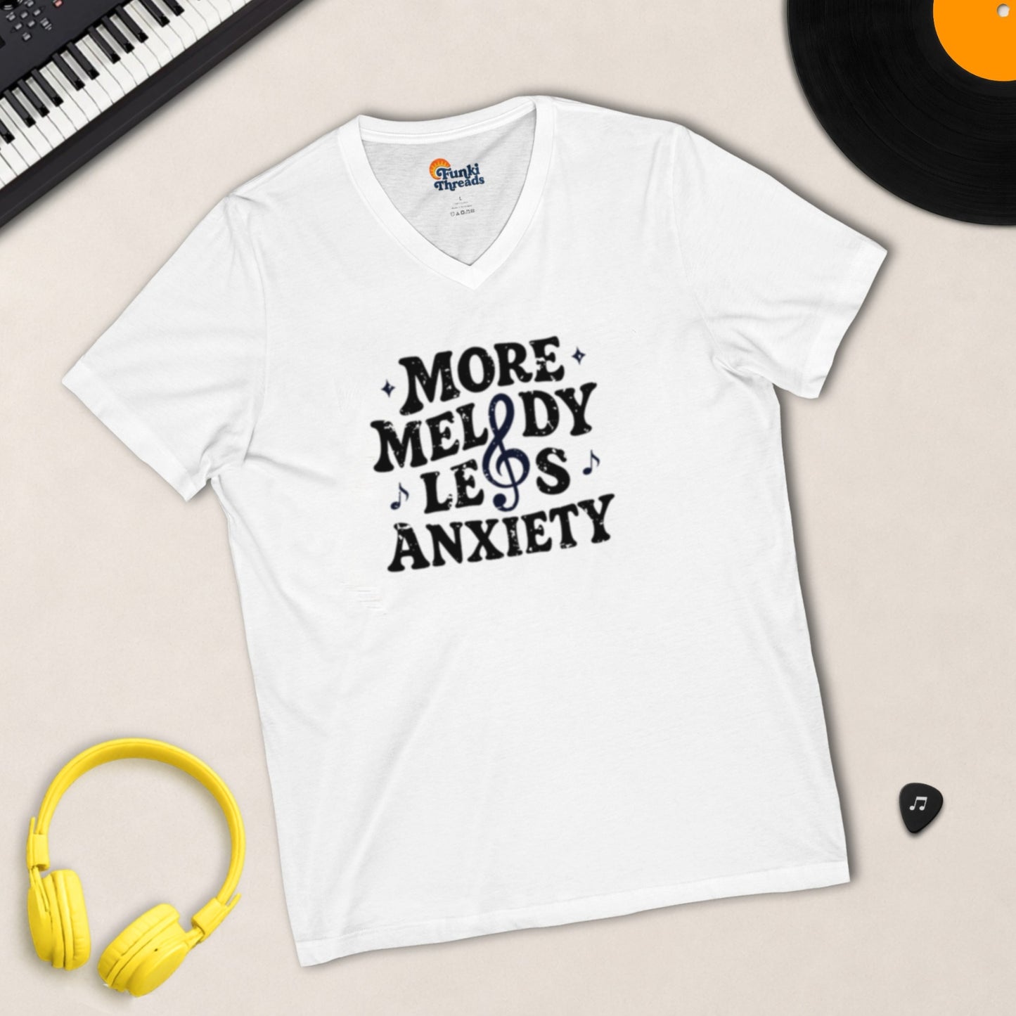 More Melody Less Anxiety V-neck t-shirt in White