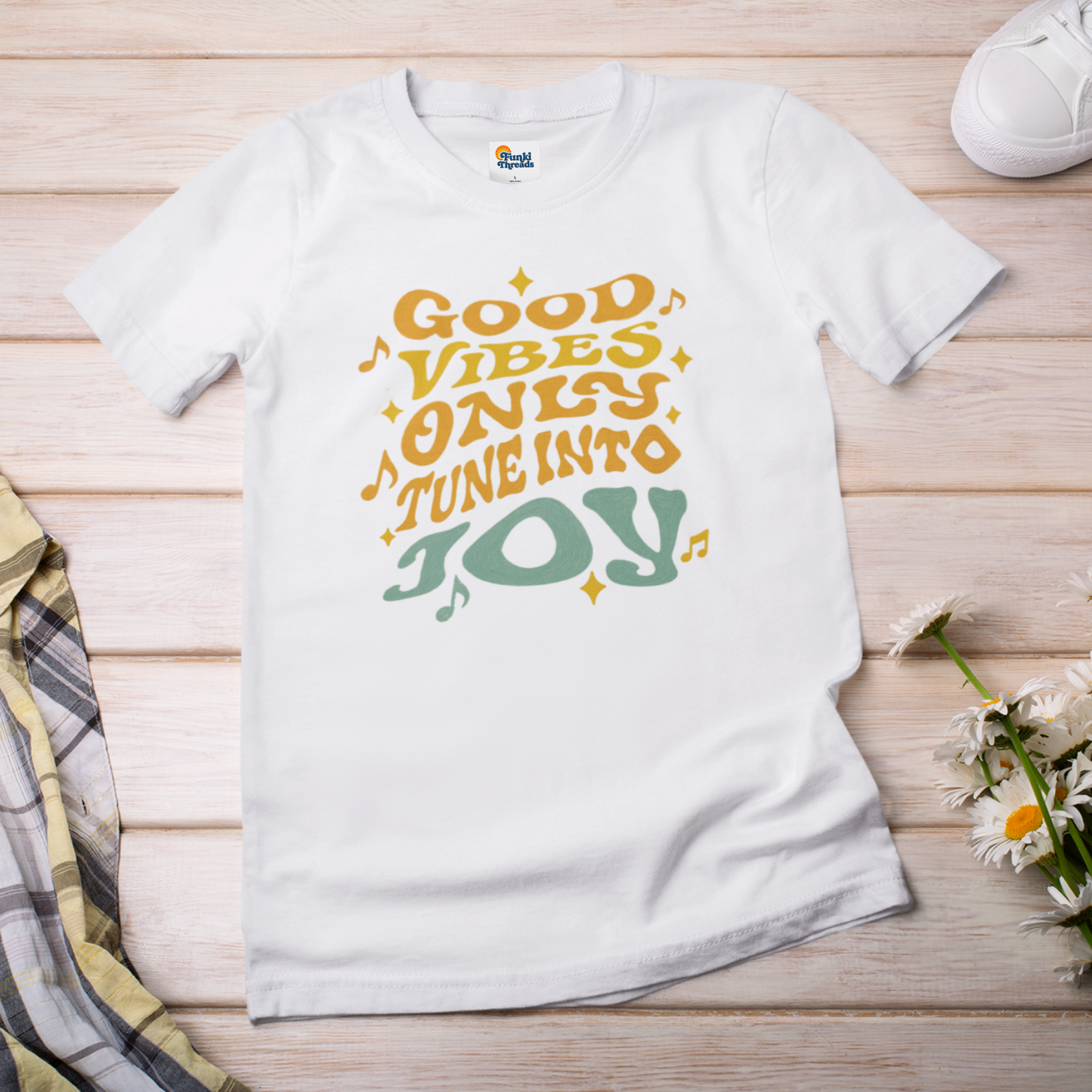 Good Vibes Only T-Shirt – Tune Into Joy Retro Graphic Tee