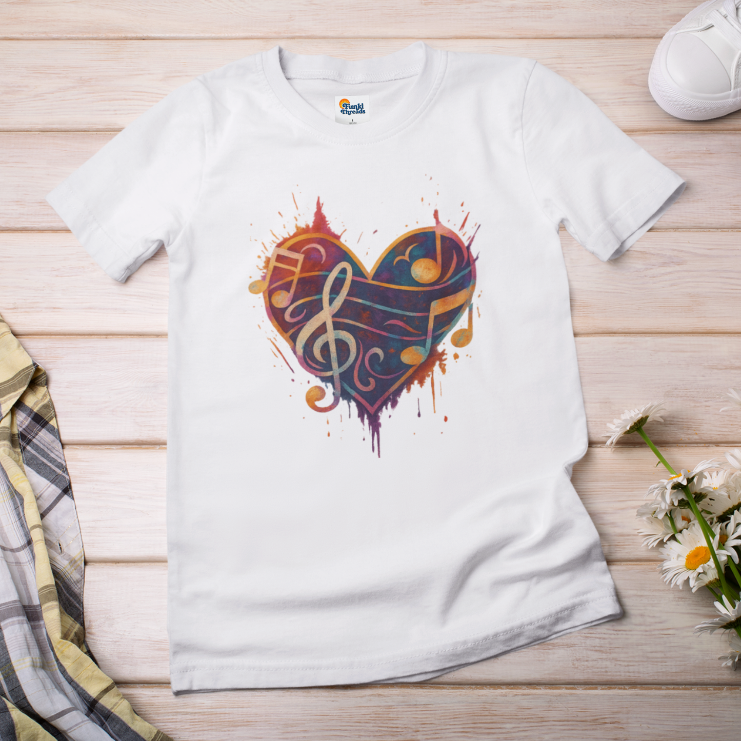 Colorburst Music Heart — Treble Clef & Notes Tee
