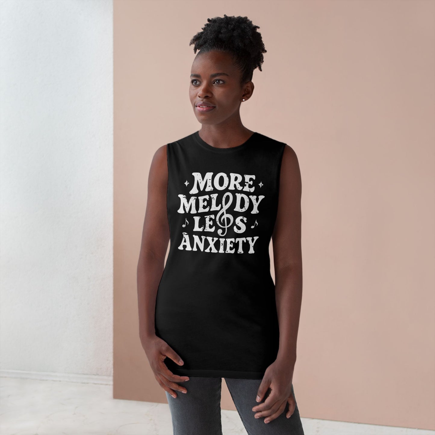Person wearing the More Melody Less Anxiety mental health music sleeveless tank