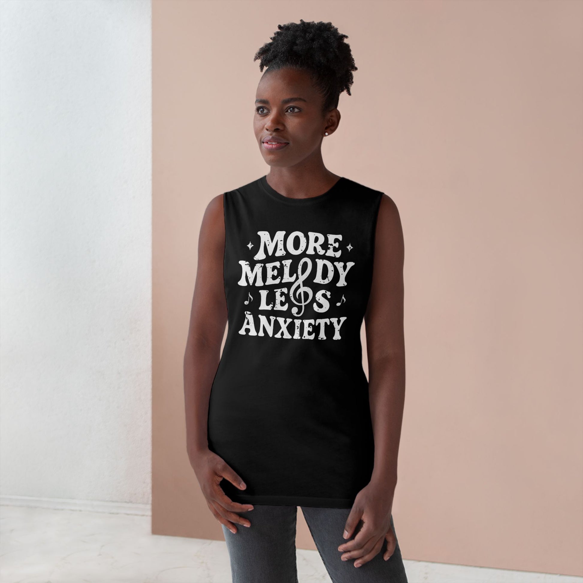 Person wearing the More Melody Less Anxiety mental health music sleeveless tank