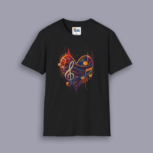 Colorburst Music Heart — Treble Clef & Notes Tee