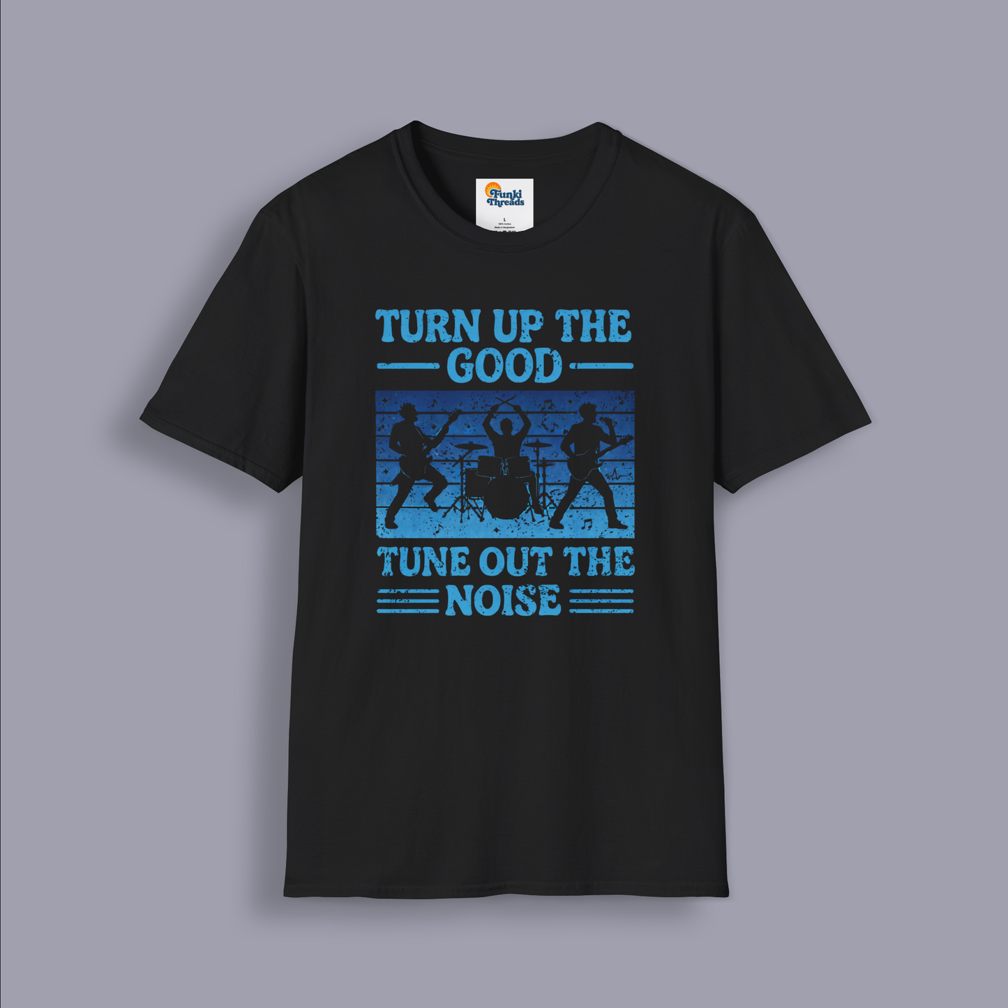 Turn Up the Good, Tune Out the Noise – Rock Band Silhouette Graphic Tee