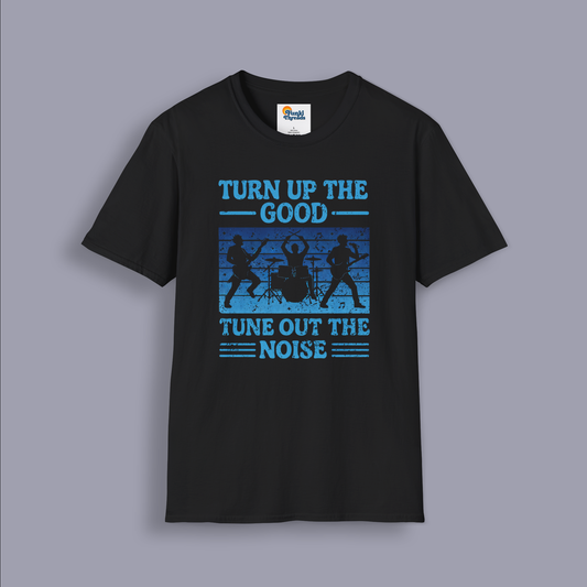 Turn Up the Good, Tune Out the Noise – Rock Band Silhouette Graphic Tee