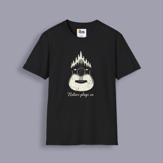 Nature Plays On Acoustic Guitar T-Shirt – Music & Nature Graphic Tee for Musicians