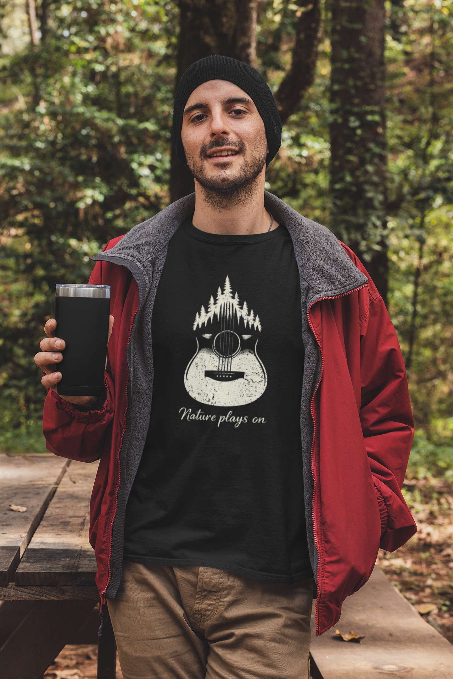 Nature Plays On Acoustic Guitar T-Shirt – Music & Nature Graphic Tee for Musicians