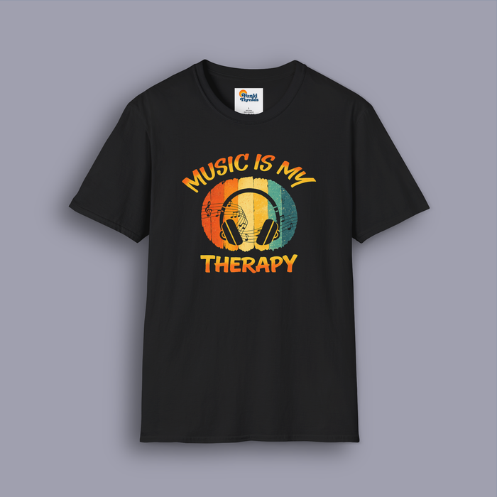 Music Is My Therapy – Retro Sunset Headphones T-Shirt | Vintage Music Lover Tee