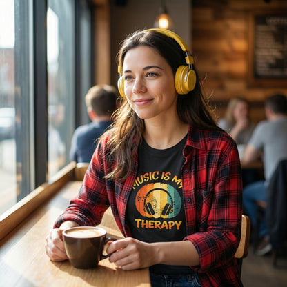 Music Is My Therapy – Retro Sunset Headphones T-Shirt | Vintage Music Lover Tee