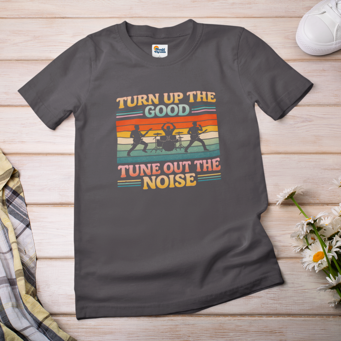 Turn Up the Good, Tune Out the Noise – Retro Rock Band Silhouette T-Shirt