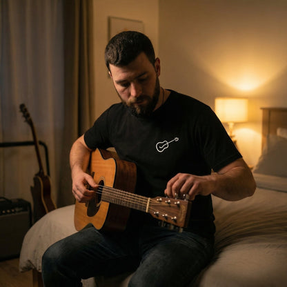 Man playing an acoustic guitar in a bedroom setting