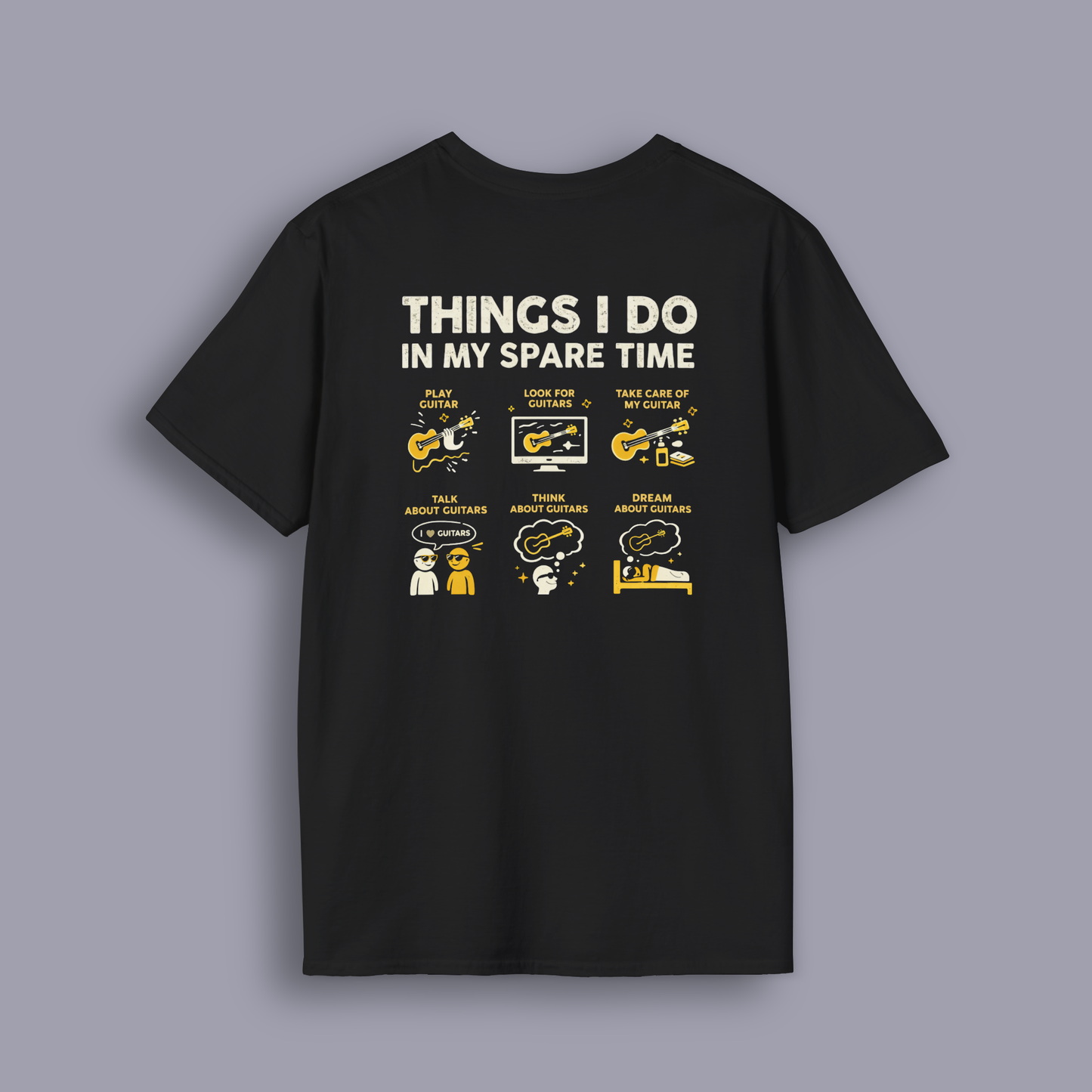 Black t-shirt with white and yellow graphics and text on a gray background