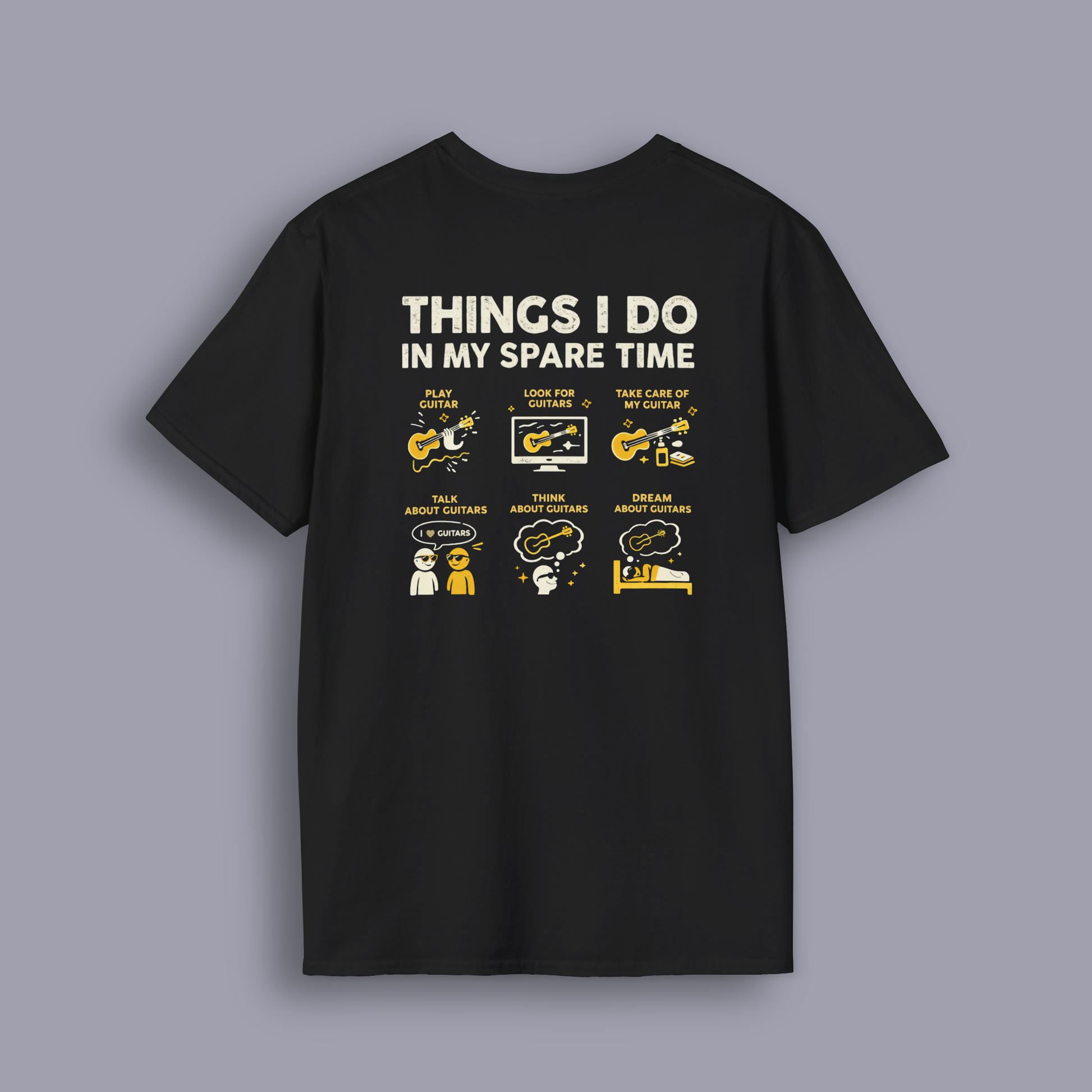 Black t-shirt with white and yellow graphics and text on a gray background
