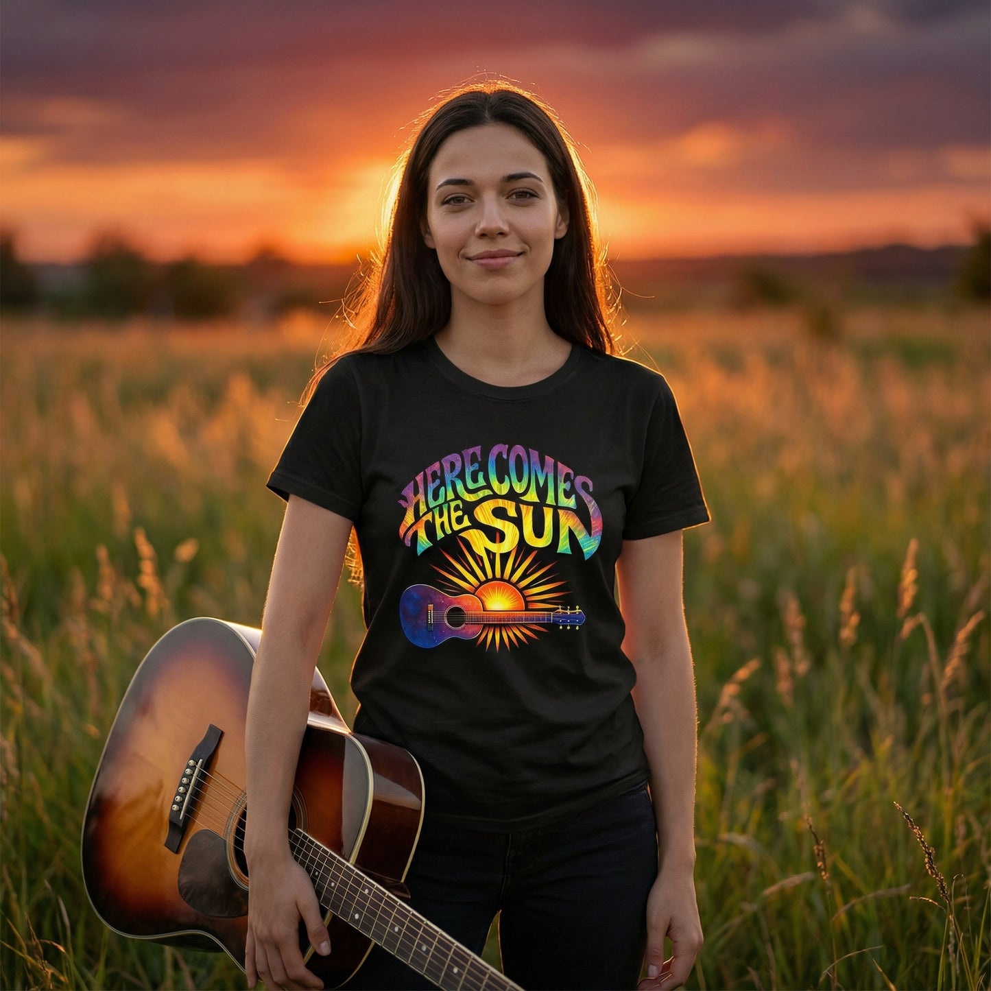 Here Comes The Sun – Retro Psychedelic Guitar T-Shirt | Music Lover Graphic Tee