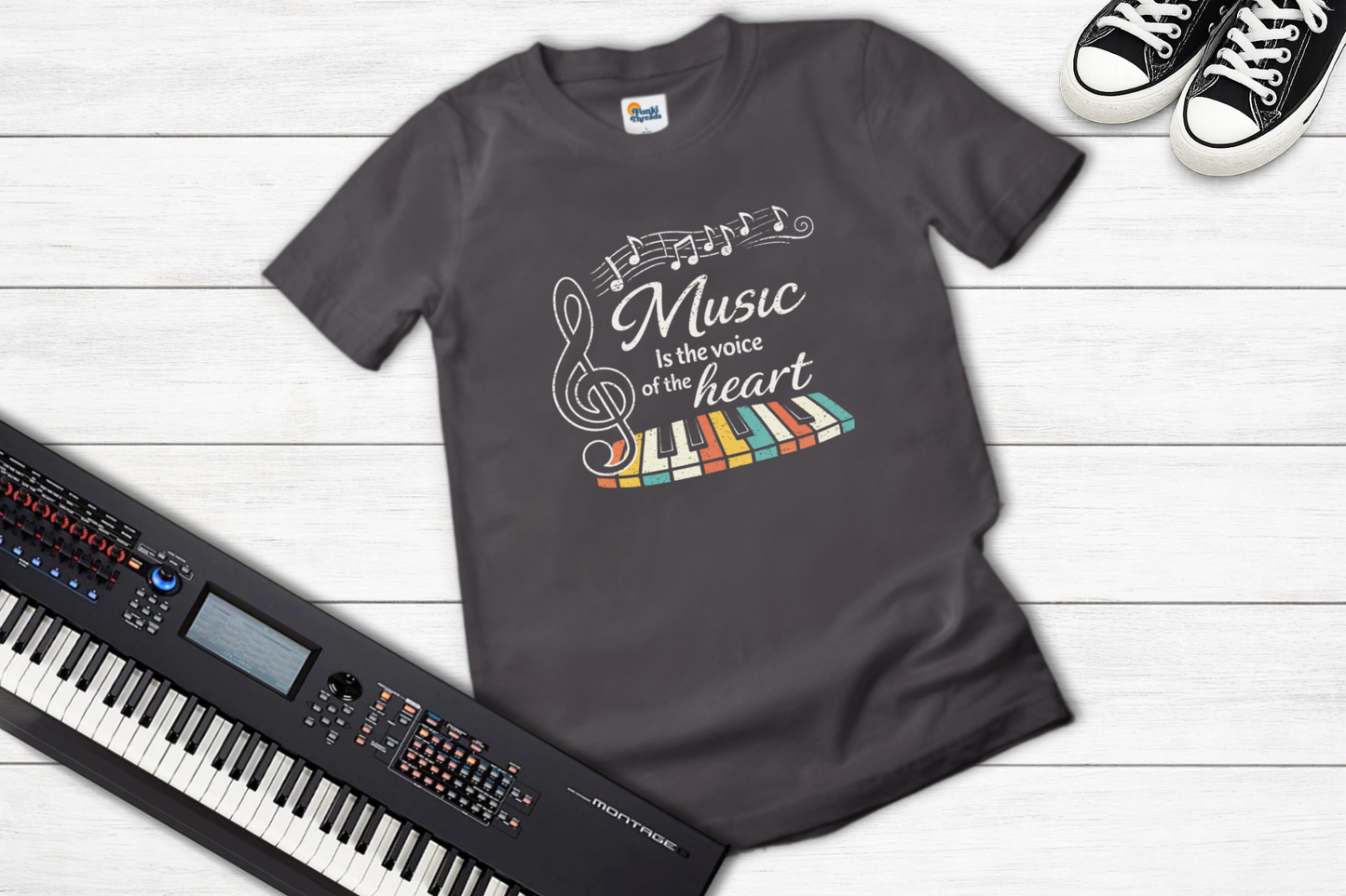 Music Is the Voice of the Heart – Retro Piano Graphic T-Shirt