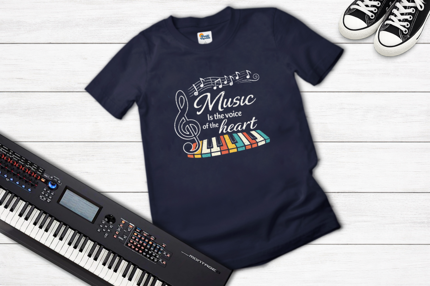 Music Is the Voice of the Heart – Retro Piano Graphic T-Shirt