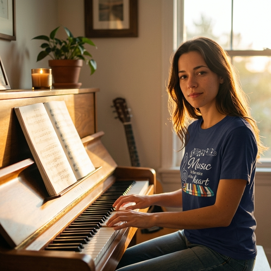Music Is the Voice of the Heart – Retro Piano Graphic T-Shirt