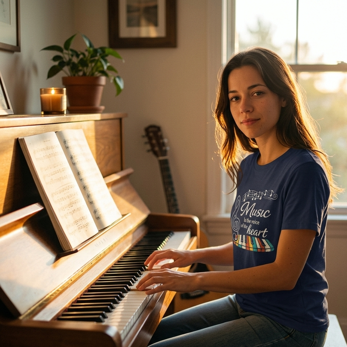 Music Is the Voice of the Heart – Retro Piano Graphic T-Shirt