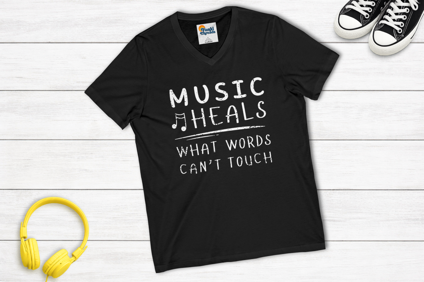 Music Heals What Words Can’t Touch V-Neck Shirt | Music Lover Graphic Tee