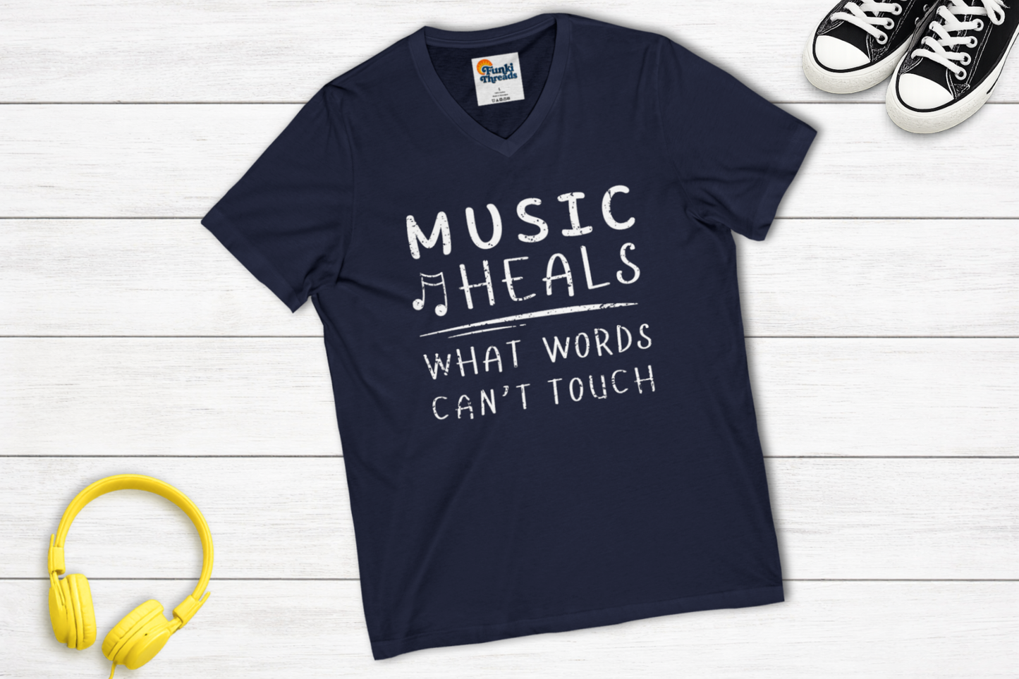 Music Heals What Words Can’t Touch V-Neck Shirt | Music Lover Graphic Tee