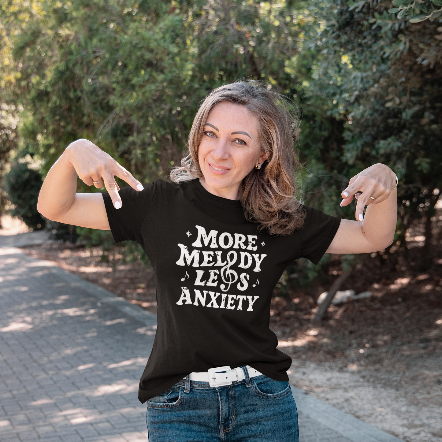 More Melody Less Anxiety Graphic Tee for Music Lovers
