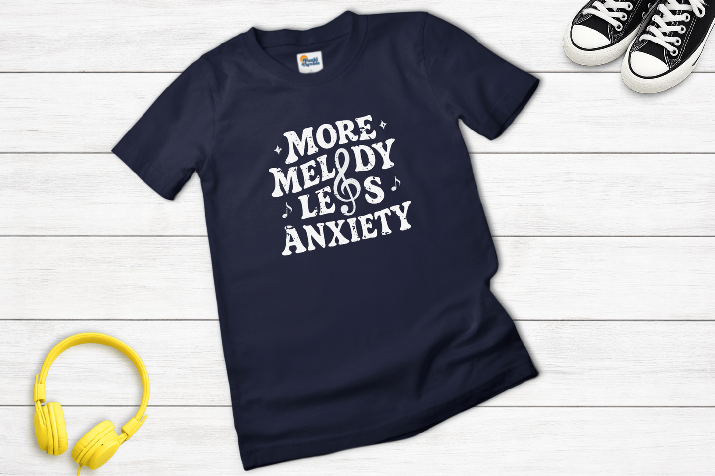 More Melody Less Anxiety Graphic Tee for Music Lovers