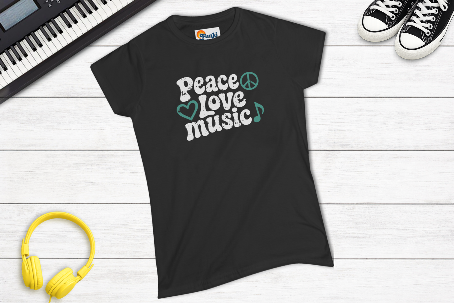 Peace Love Music Women’s Graphic Tee | Retro Music Lover Shirt