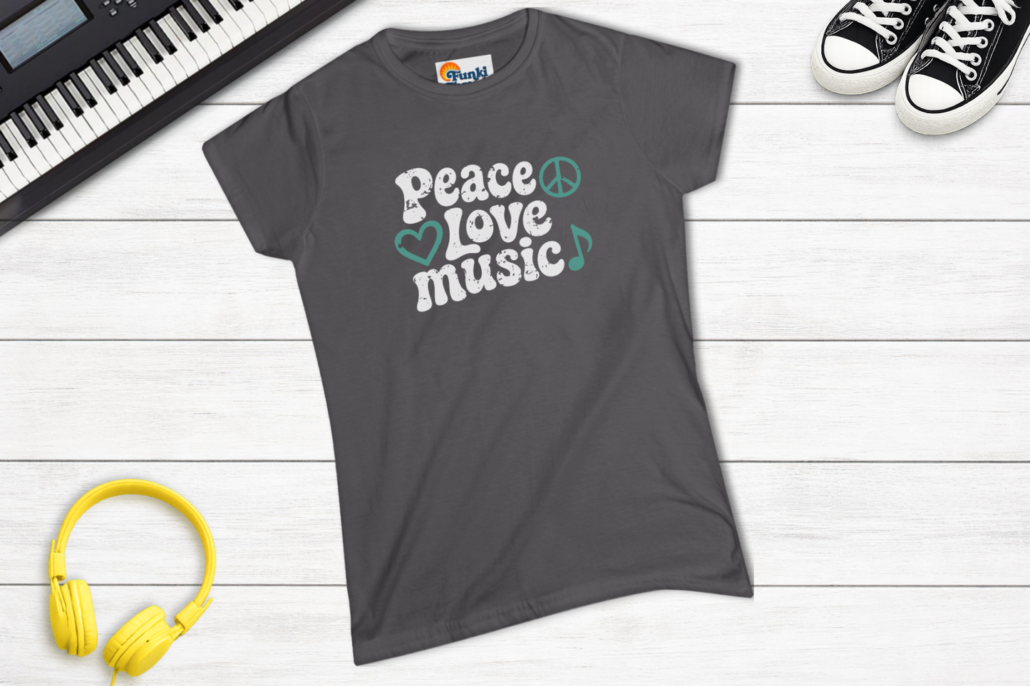 Peace Love Music Women’s Graphic Tee | Retro Music Lover Shirt