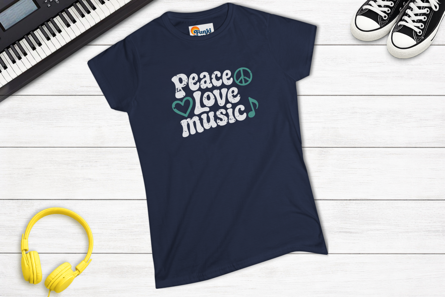 Peace Love Music Women’s Graphic Tee | Retro Music Lover Shirt