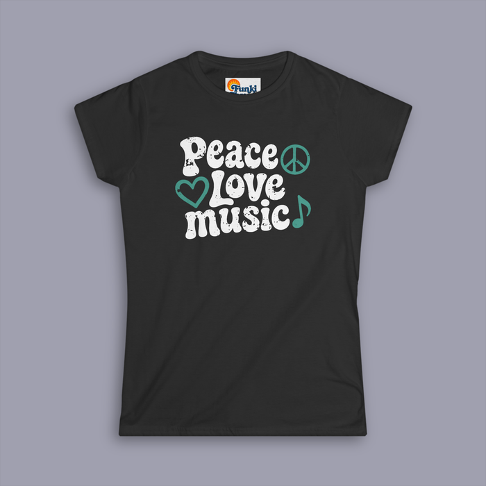 Black t-shirt with 'Peace Love music' text on a gray background