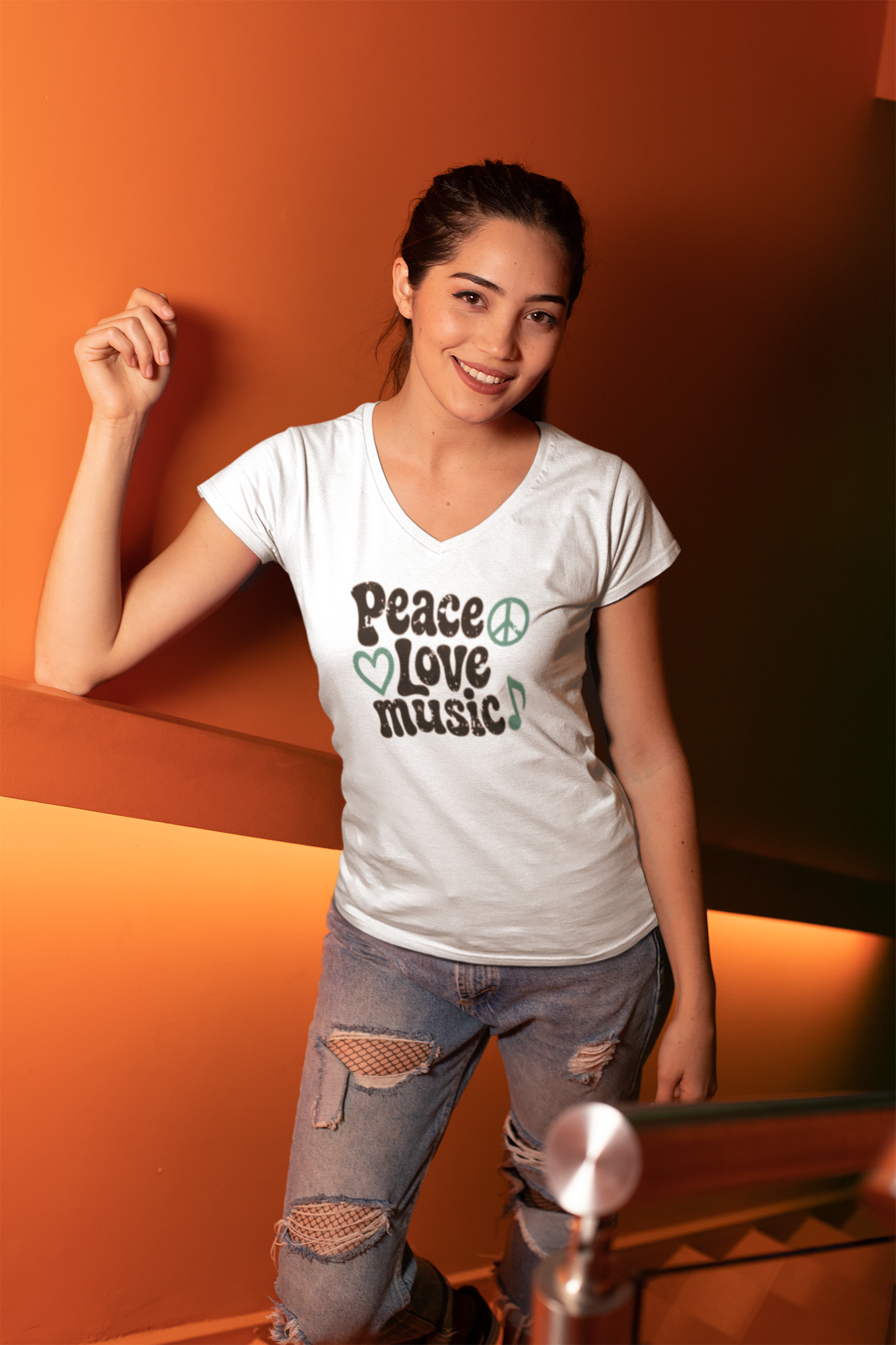 Peace, Love, Music V-Neck lifestyle – retro music lover apparel