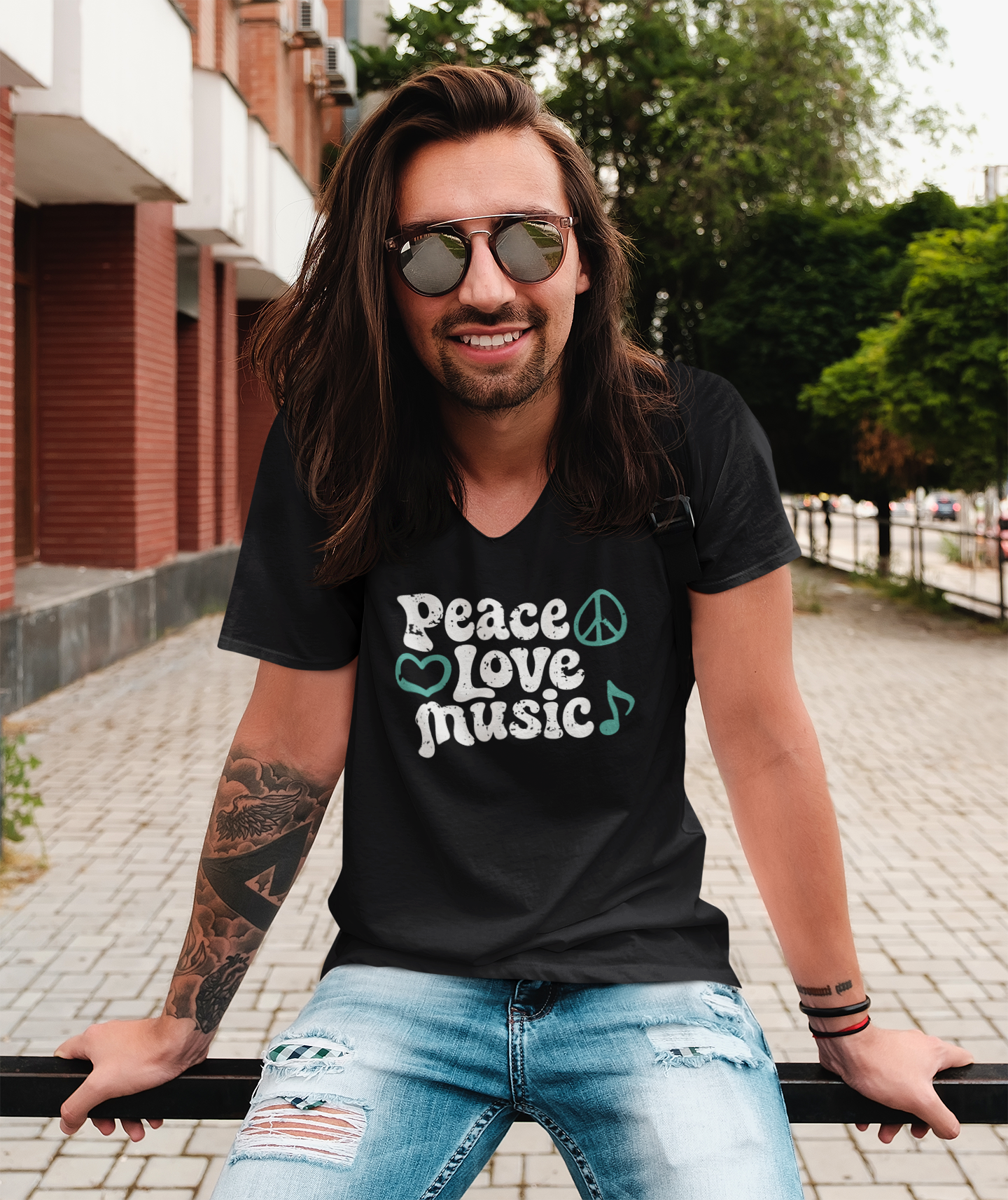 Peace, Love, Music V-Neck – retro music lover tee