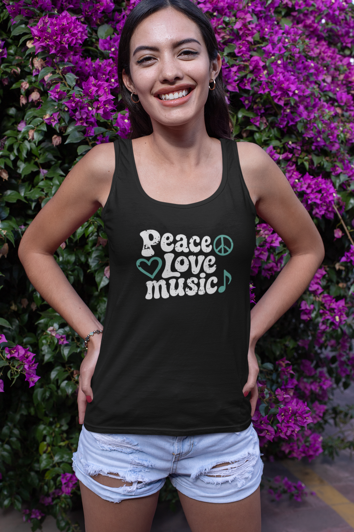 Peace, Love, Music Tank Top lifestyle – retro music lover apparel