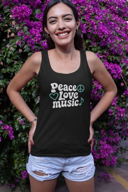 Peace, Love, Music Tank Top lifestyle – retro music lover apparel