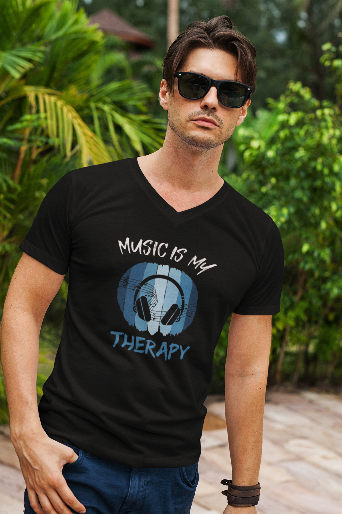 Music Is My Therapy V-Neck lifestyle – music lover wearing the tee