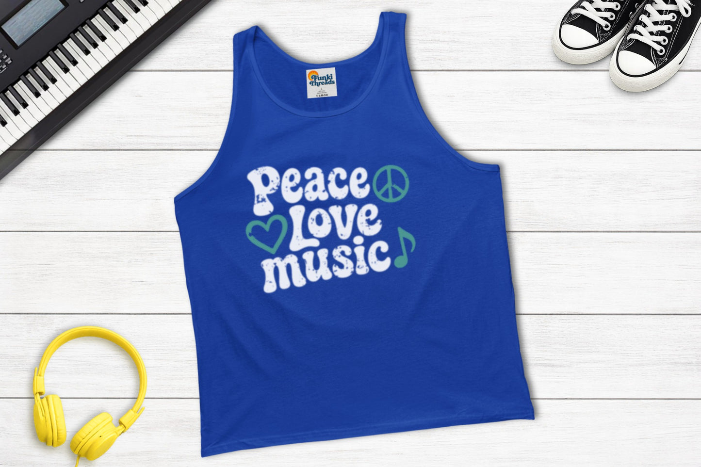Peace, Love, Music Tank Top in True Royal
