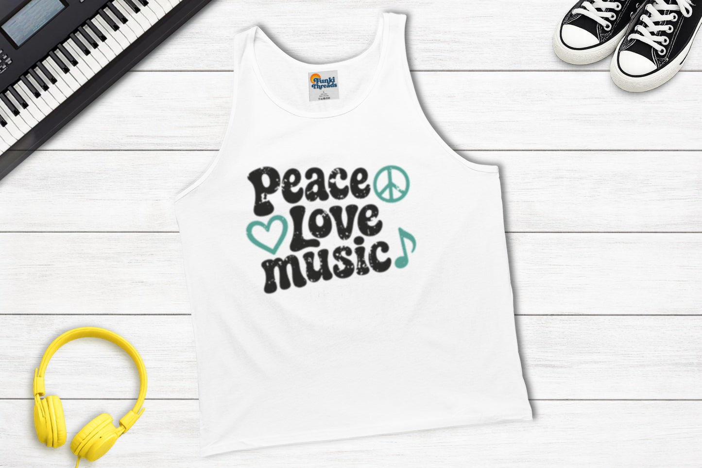 Peace, Love, Music Tank Top in White