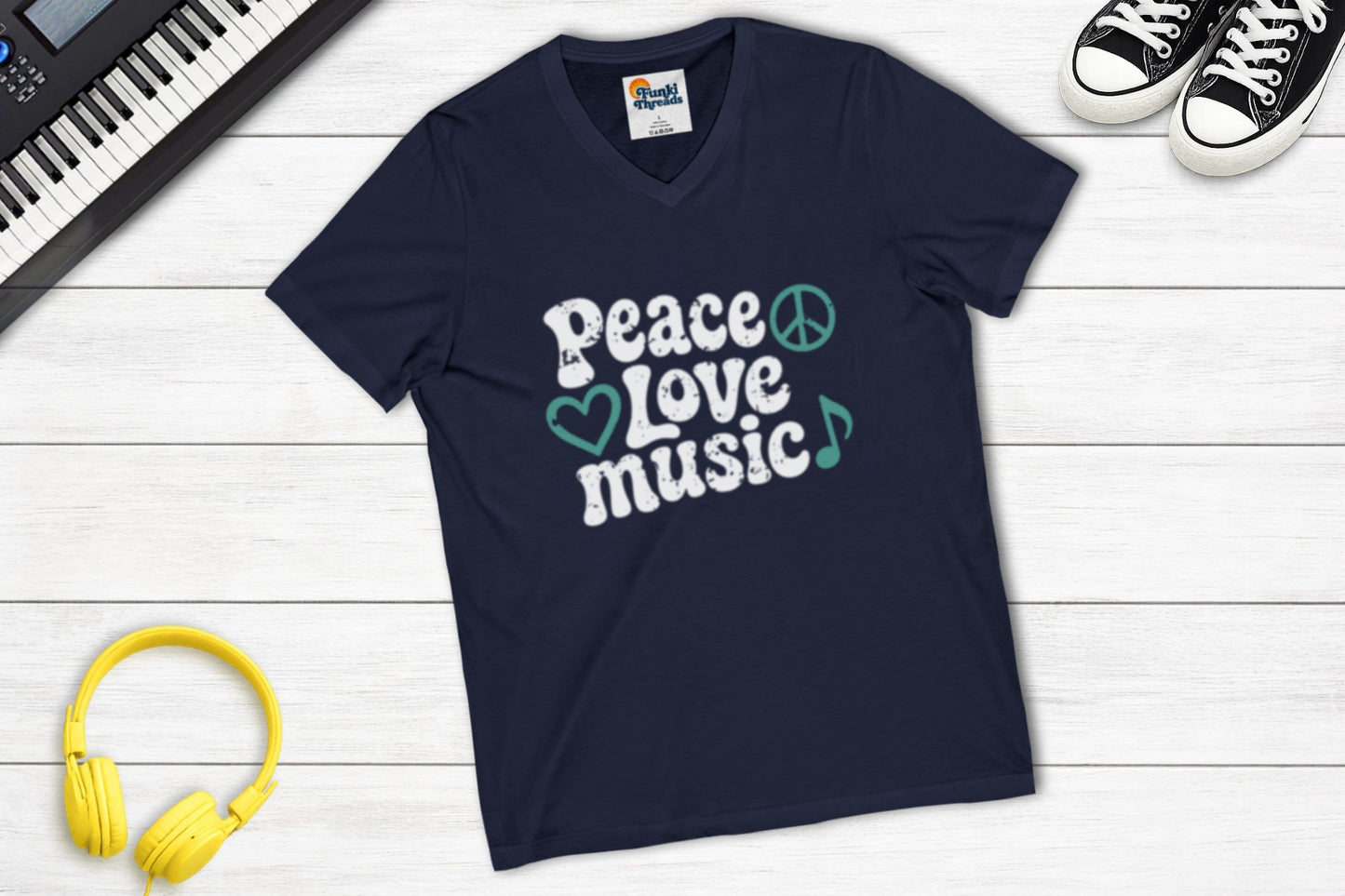 Peace, Love, Music V-Neck in Navy