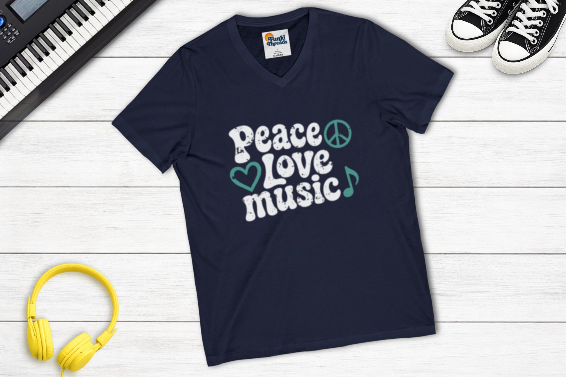 Peace, Love, Music V-Neck in Navy