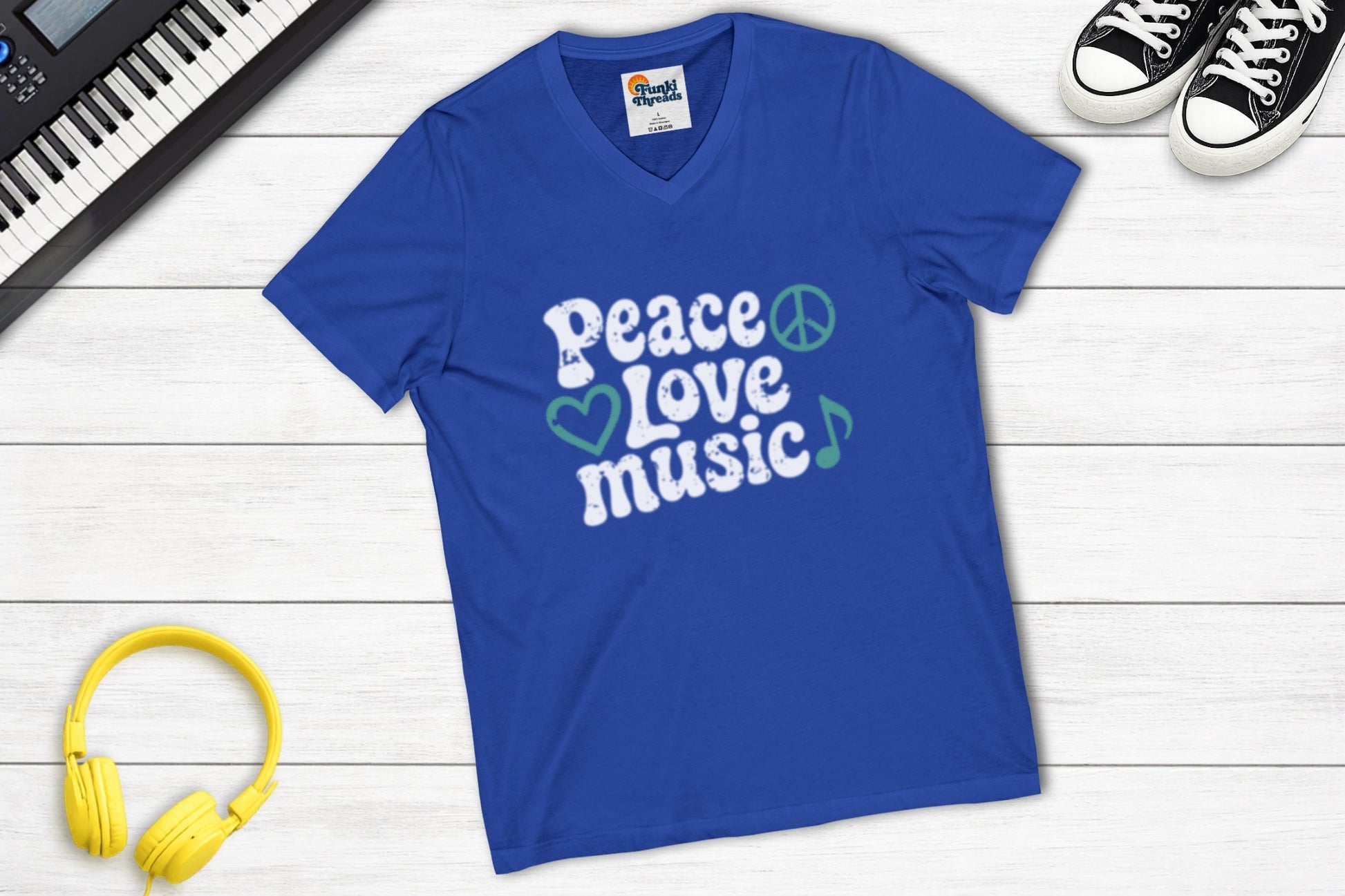 Peace, Love, Music V-Neck in True Royal